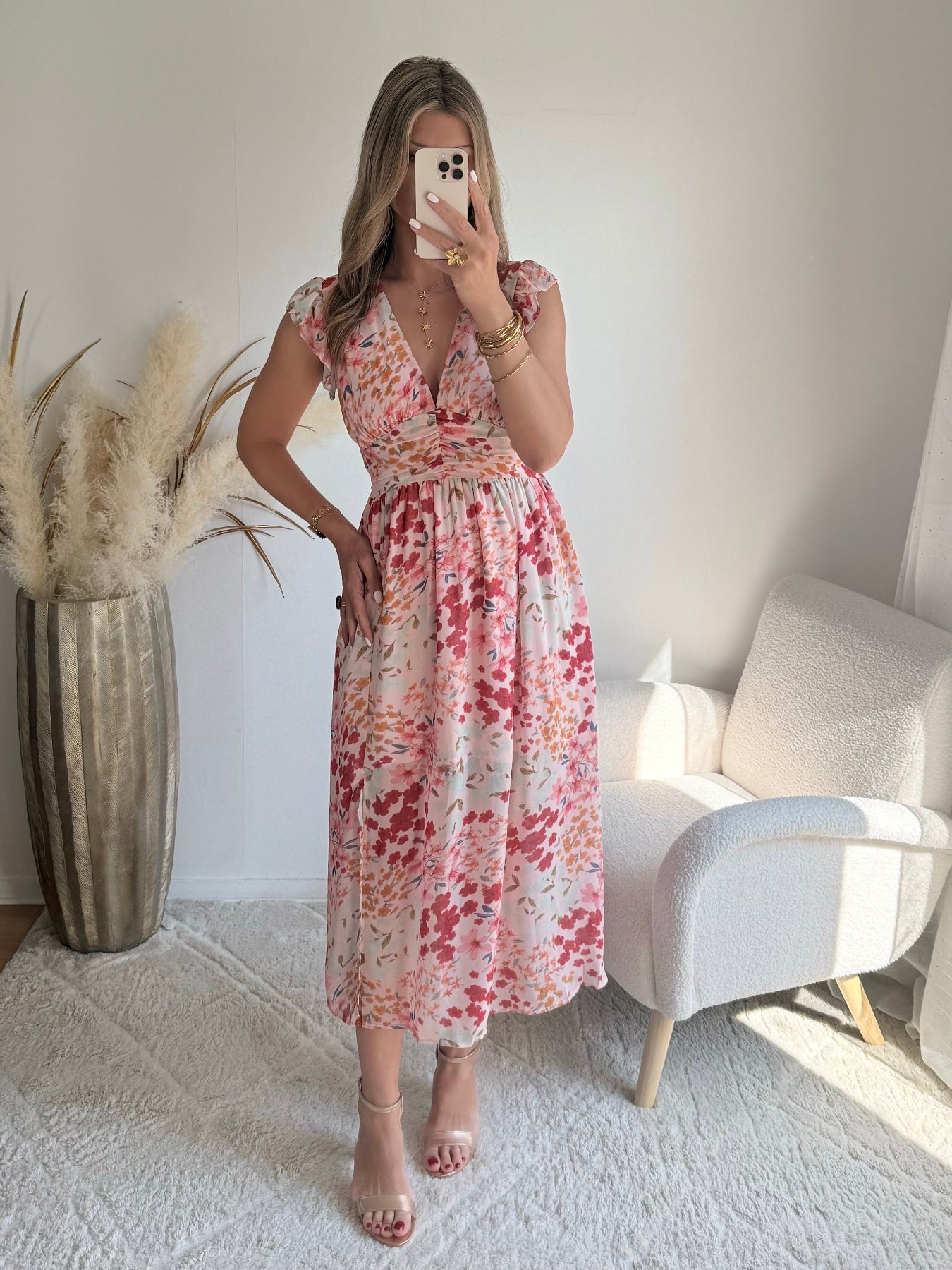Robe longue fluide imprimée rose Avery décolleté V taille marquée Easy Dressing