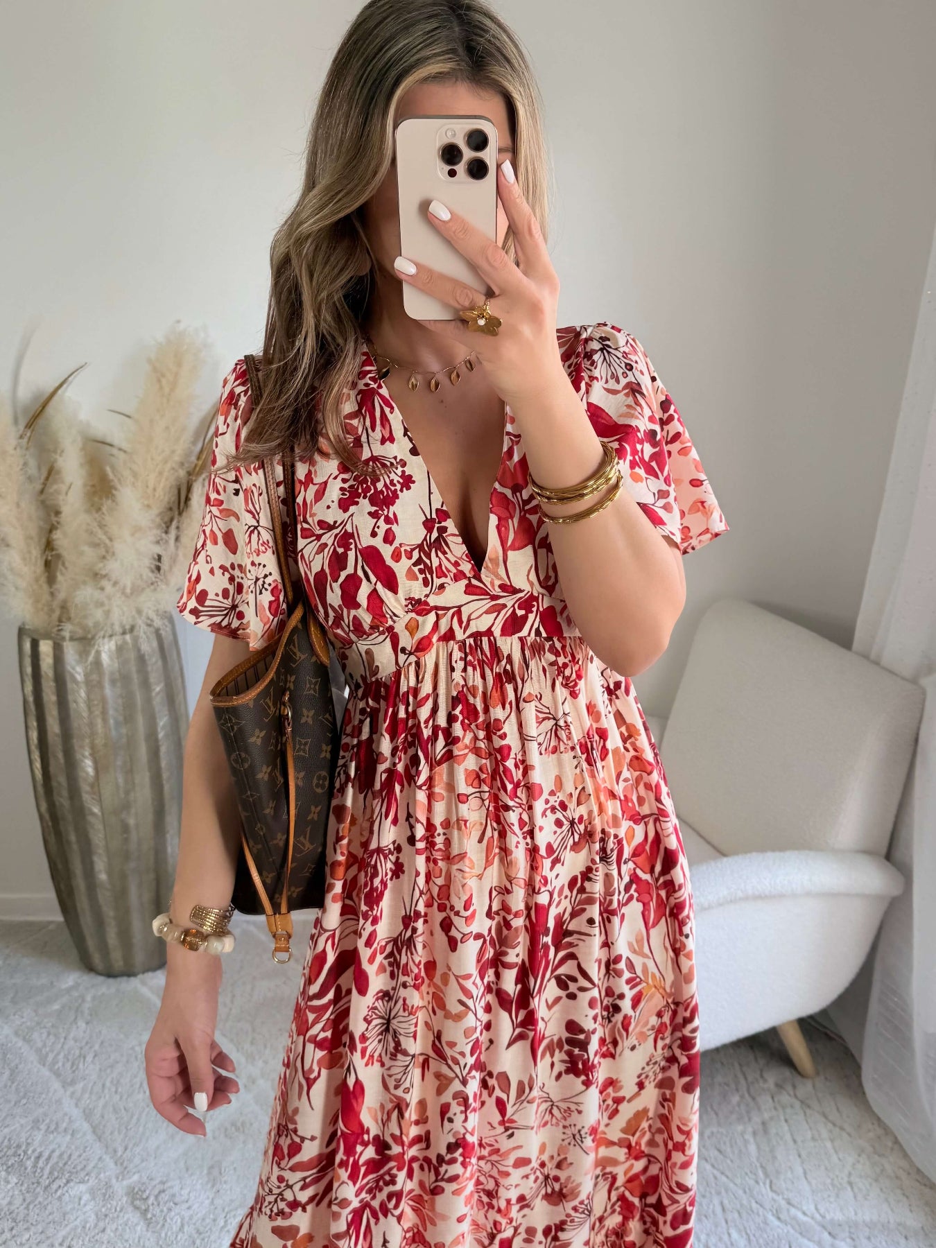 Robe midi fleurie rouge et écru décolleté V manches courtes robe fluide femme du S au 4XL élégante cérémonie été