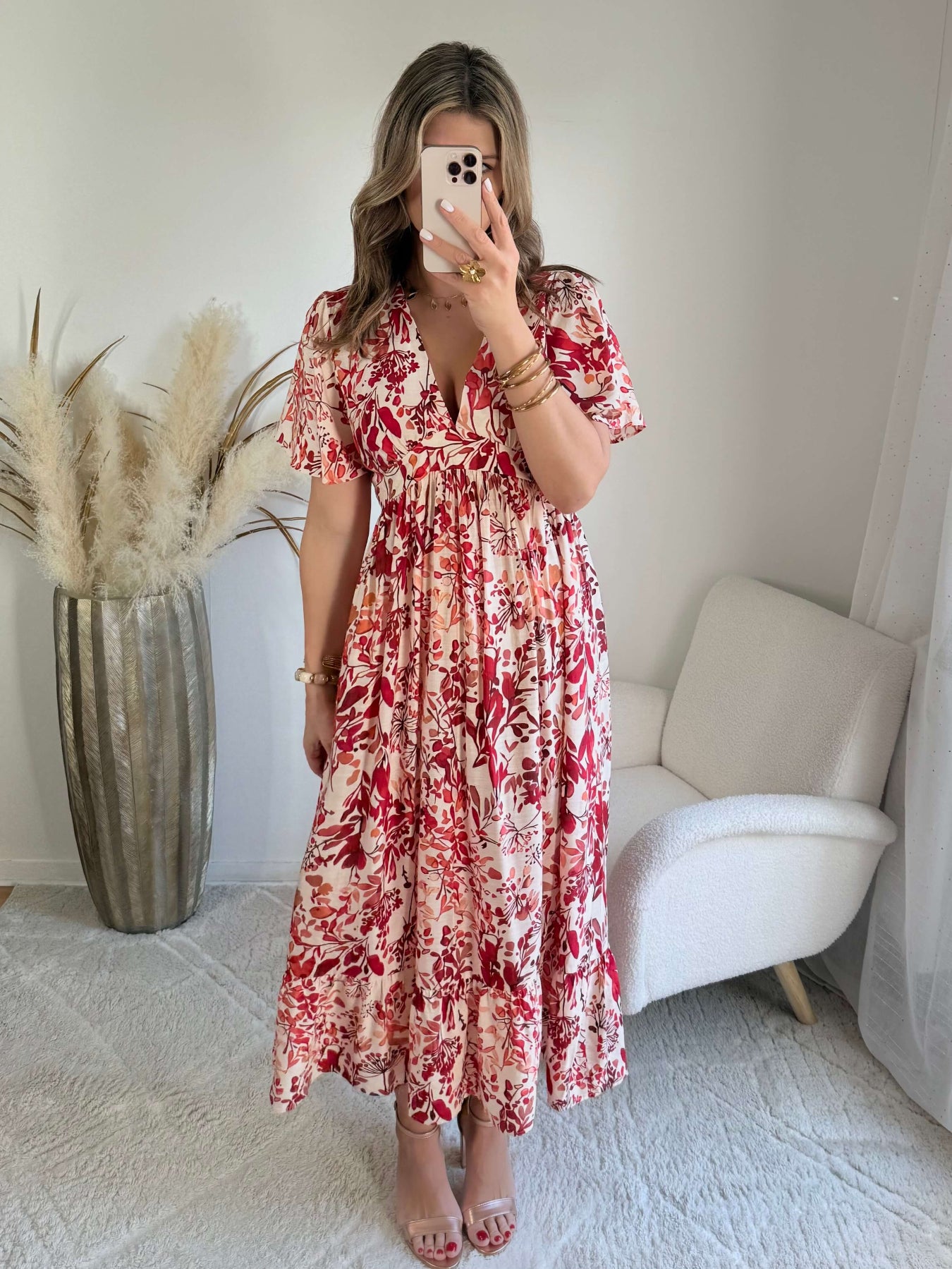 Robe midi fleurie rouge et écru décolleté V manches courtes robe fluide femme du S au 4XL élégante cérémonie été