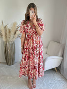 Robe midi fleurie rouge et écru décolleté V manches courtes robe fluide femme du S au 4XL élégante cérémonie été