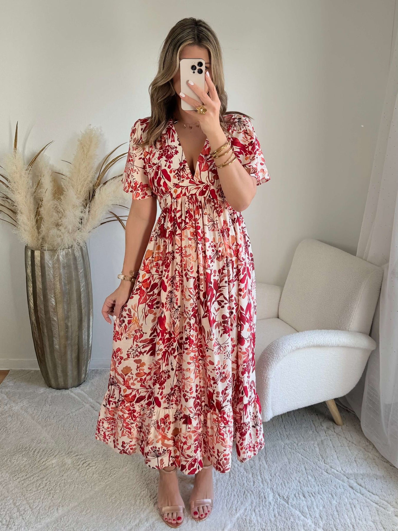 Robe midi fleurie rouge et écru décolleté V manches courtes robe fluide femme du S au 4XL élégante cérémonie été