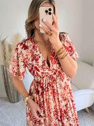 Robe midi fleurie rouge et écru décolleté V manches courtes robe fluide femme du S au 4XL élégante cérémonie été