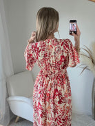 Robe midi fleurie rouge et écru décolleté V manches courtes robe fluide femme du S au 4XL élégante cérémonie été