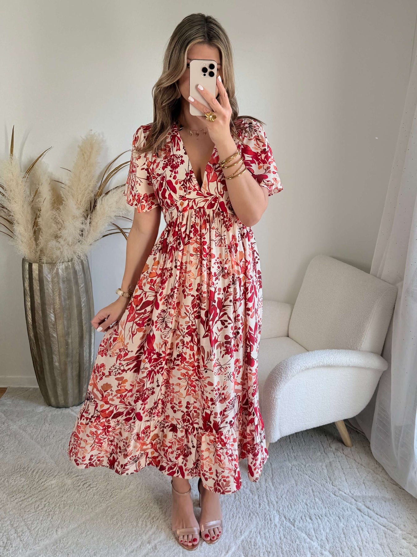 Robe midi fleurie rouge et écru décolleté V manches courtes robe fluide femme du S au 4XL élégante cérémonie été