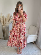 Robe midi fleurie rouge et écru décolleté V manches courtes robe fluide femme du S au 4XL élégante cérémonie été