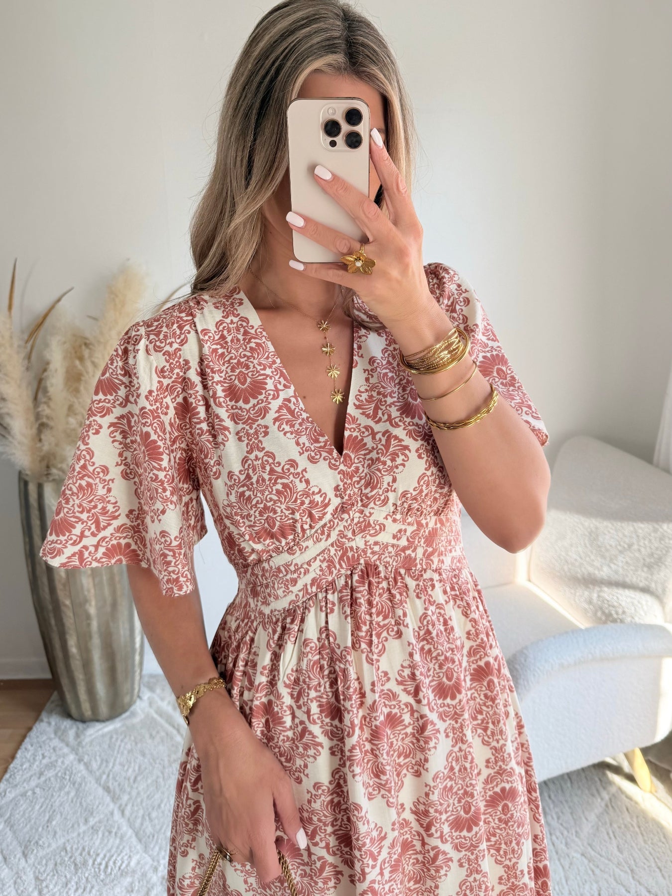 Robe longue Astrid terracotta rose imprimée avec décolleté croisé et manches courtes évasées
