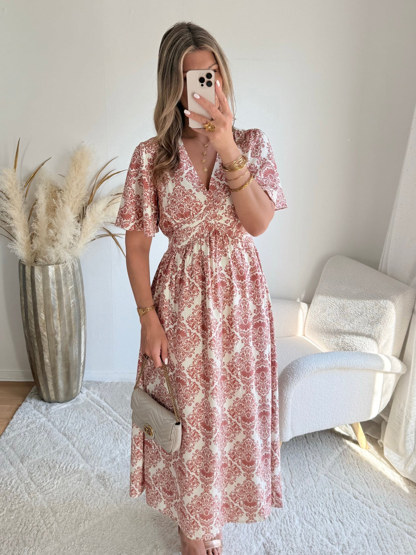 Robe longue Astrid terracotta rose imprimée avec décolleté croisé et manches courtes évasées