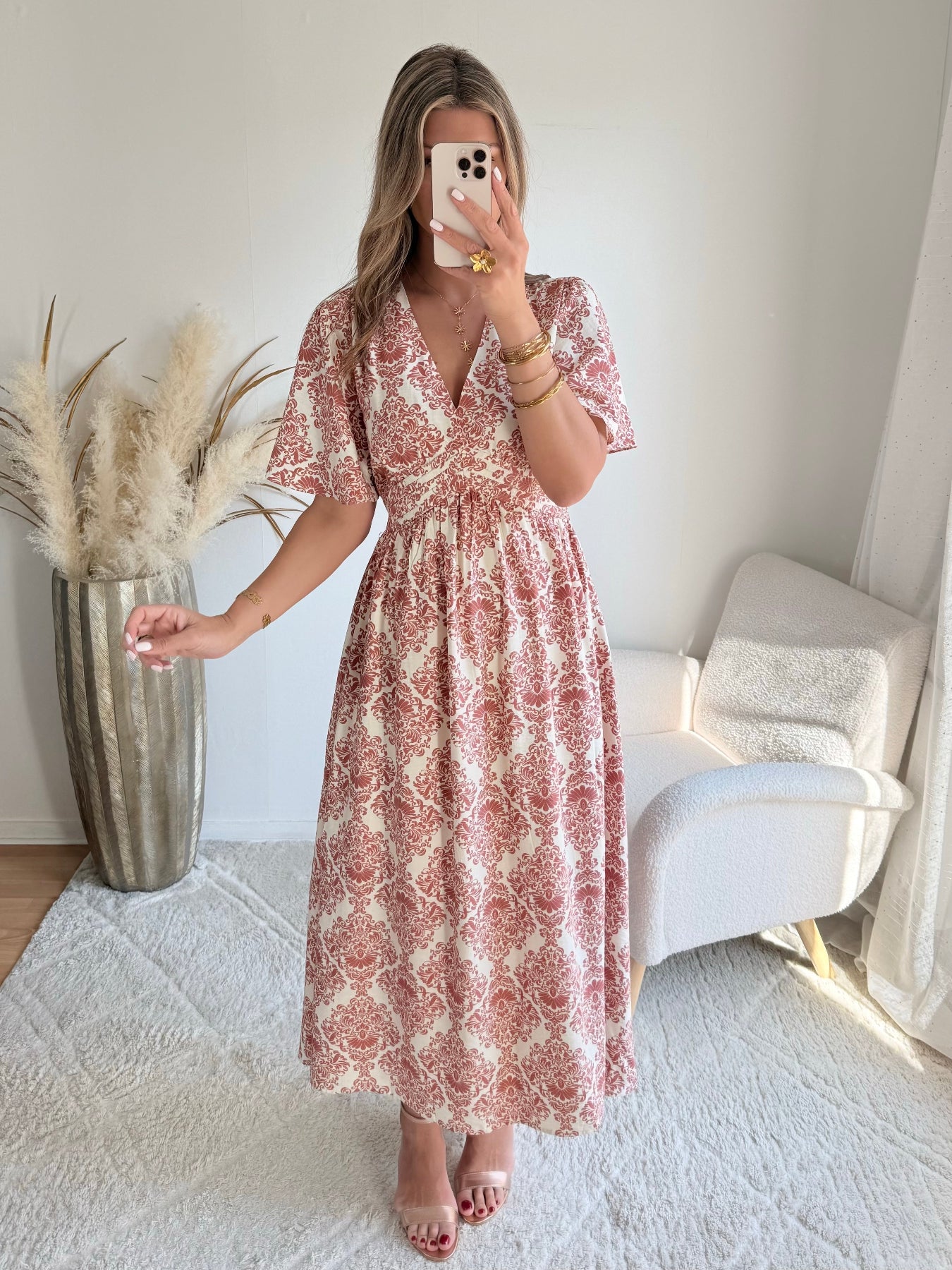 Robe longue Astrid terracotta rose imprimée avec décolleté croisé et manches courtes évasées