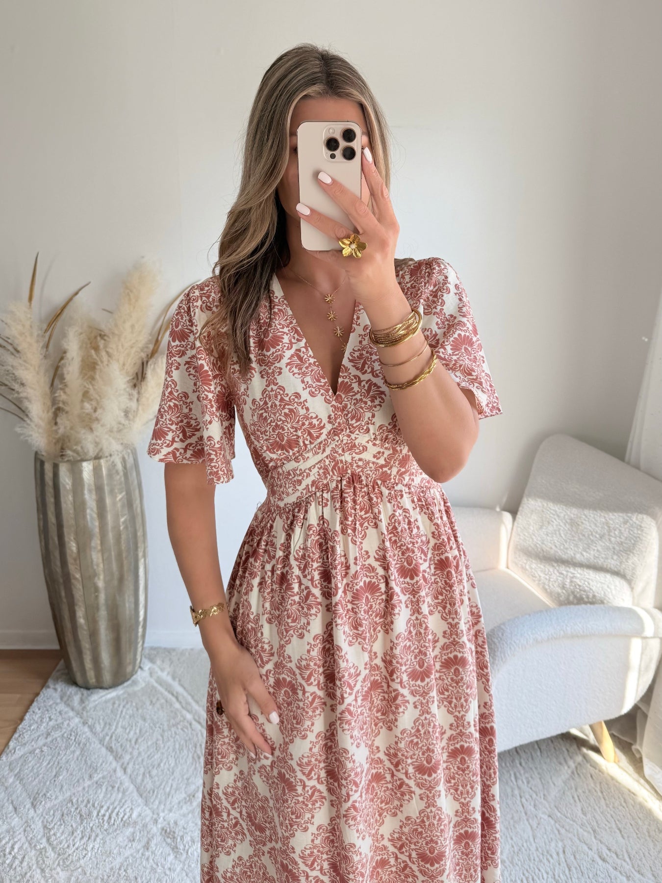 Robe longue Astrid terracotta rose imprimée avec décolleté croisé et manches courtes évasées