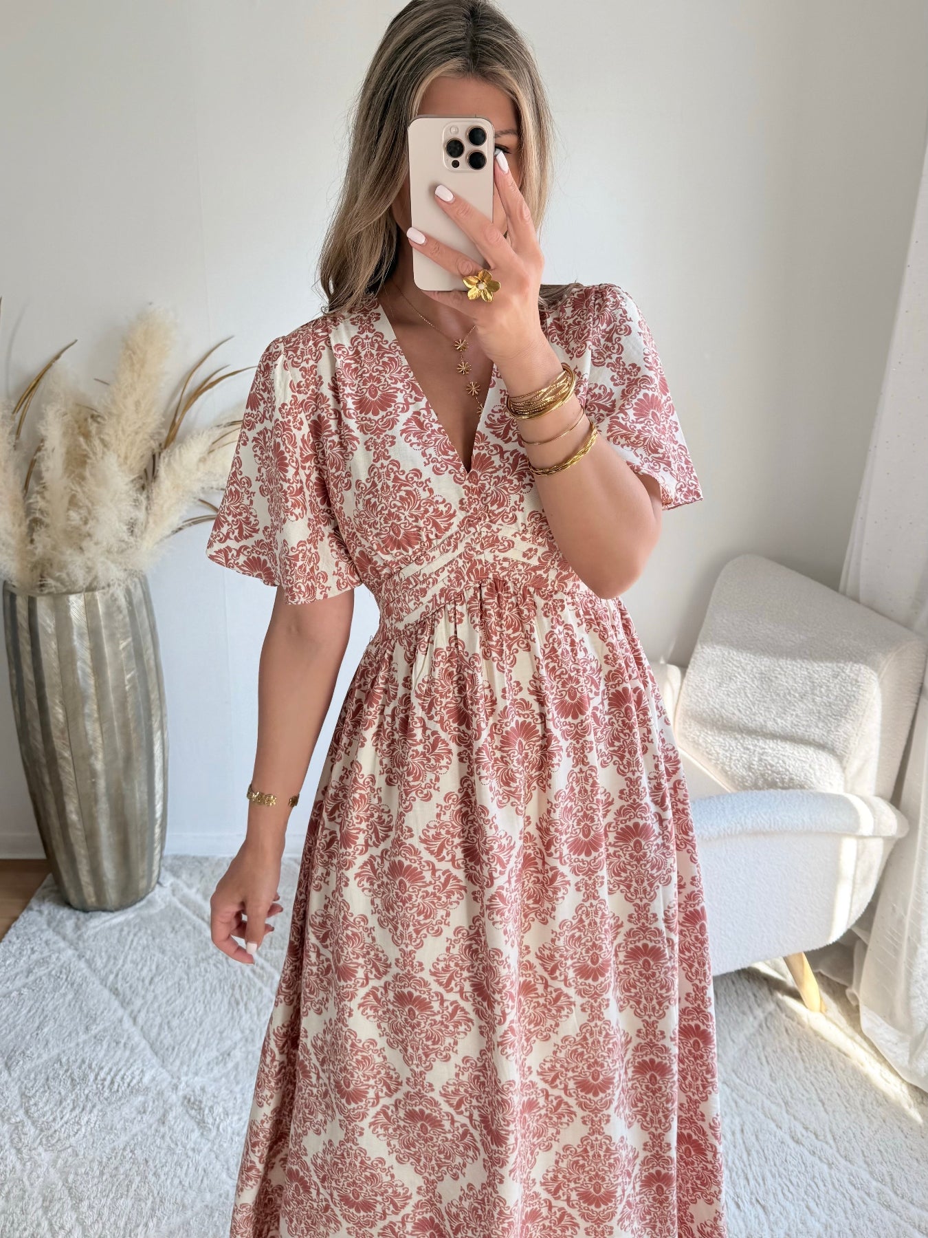 Robe longue Astrid terracotta rose imprimée avec décolleté croisé et manches courtes évasées