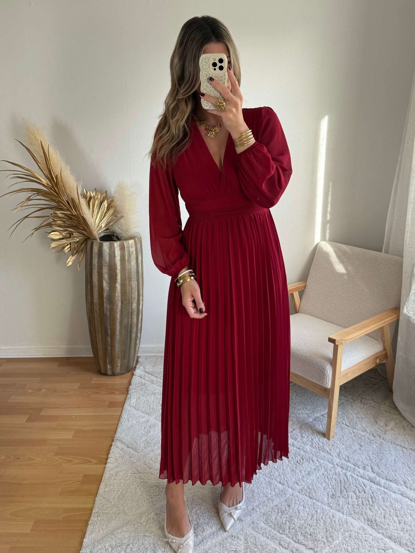 Robe longue plissée bordeaux - Diane