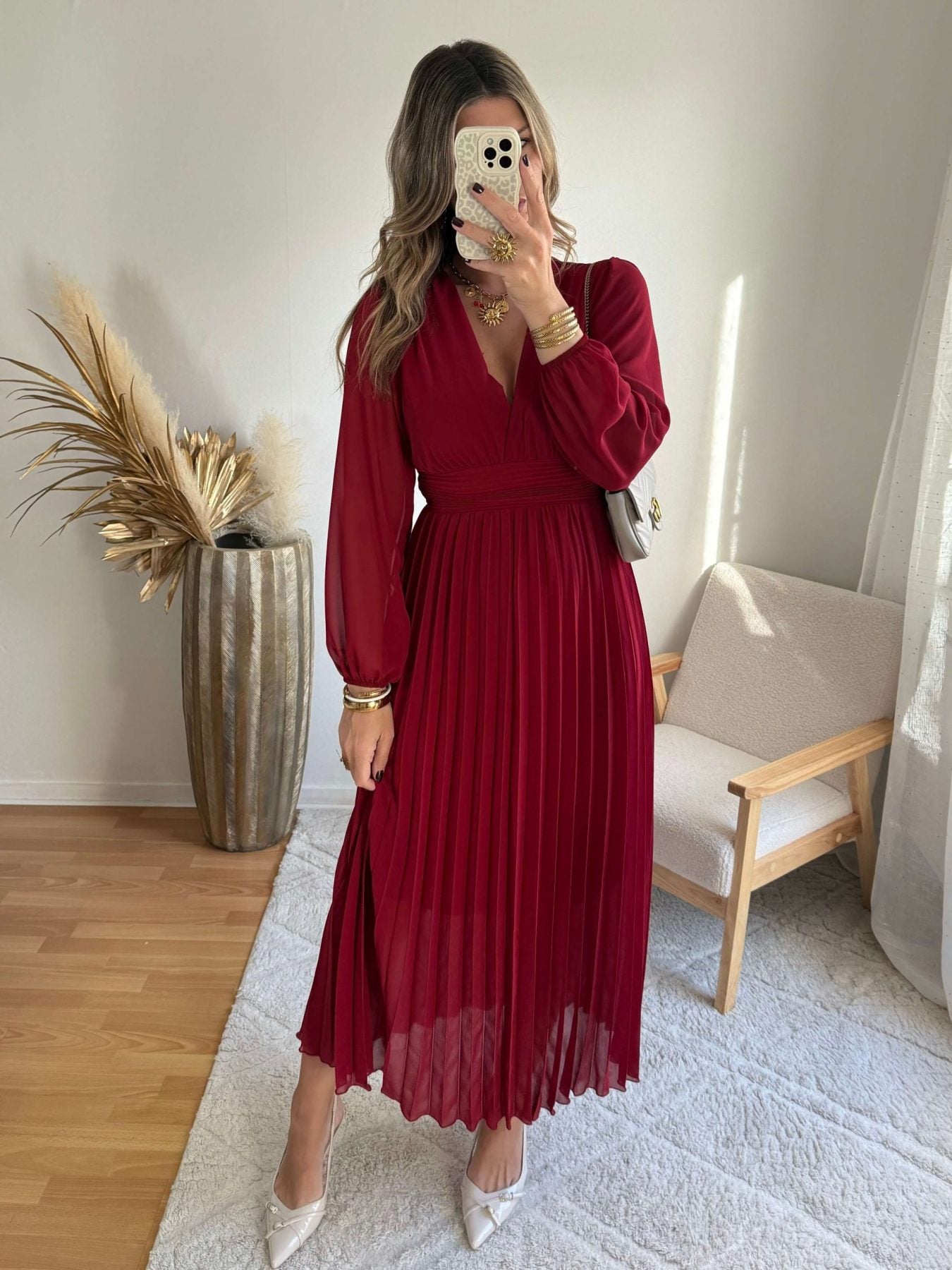 Robe longue plissée bordeaux - Diane