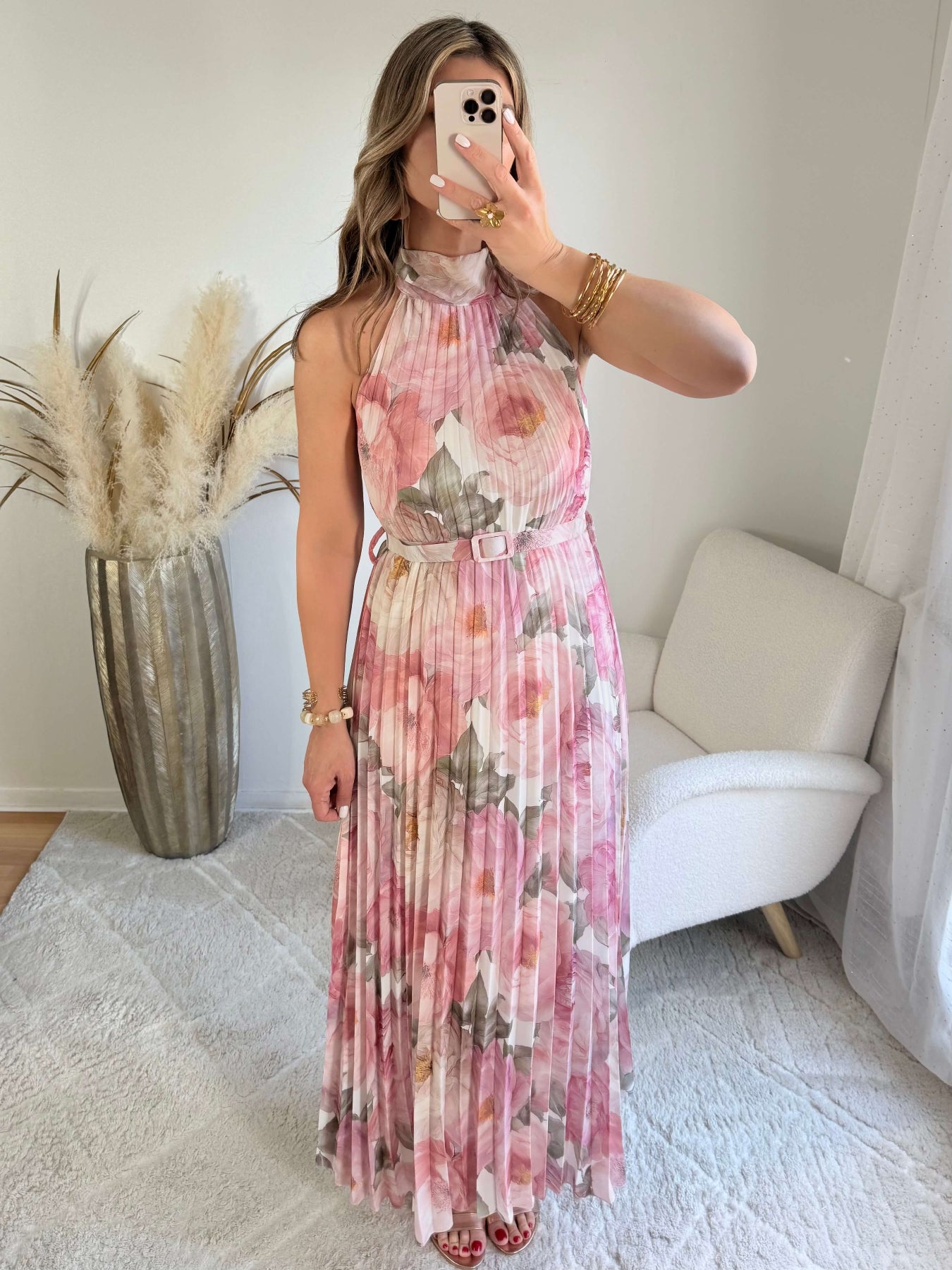 Robe longue plissée rose imprimé floral col halter taille unique robe élégante fluide femme cérémonie été
