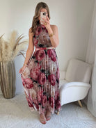 Robe longue plissée bordeaux imprimé floral col halter taille unique robe élégante fluide femme cérémonie été