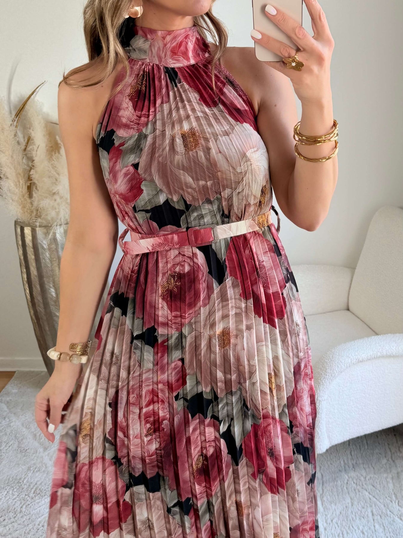 Robe longue plissée bordeaux imprimé floral col halter taille unique robe élégante fluide femme cérémonie été