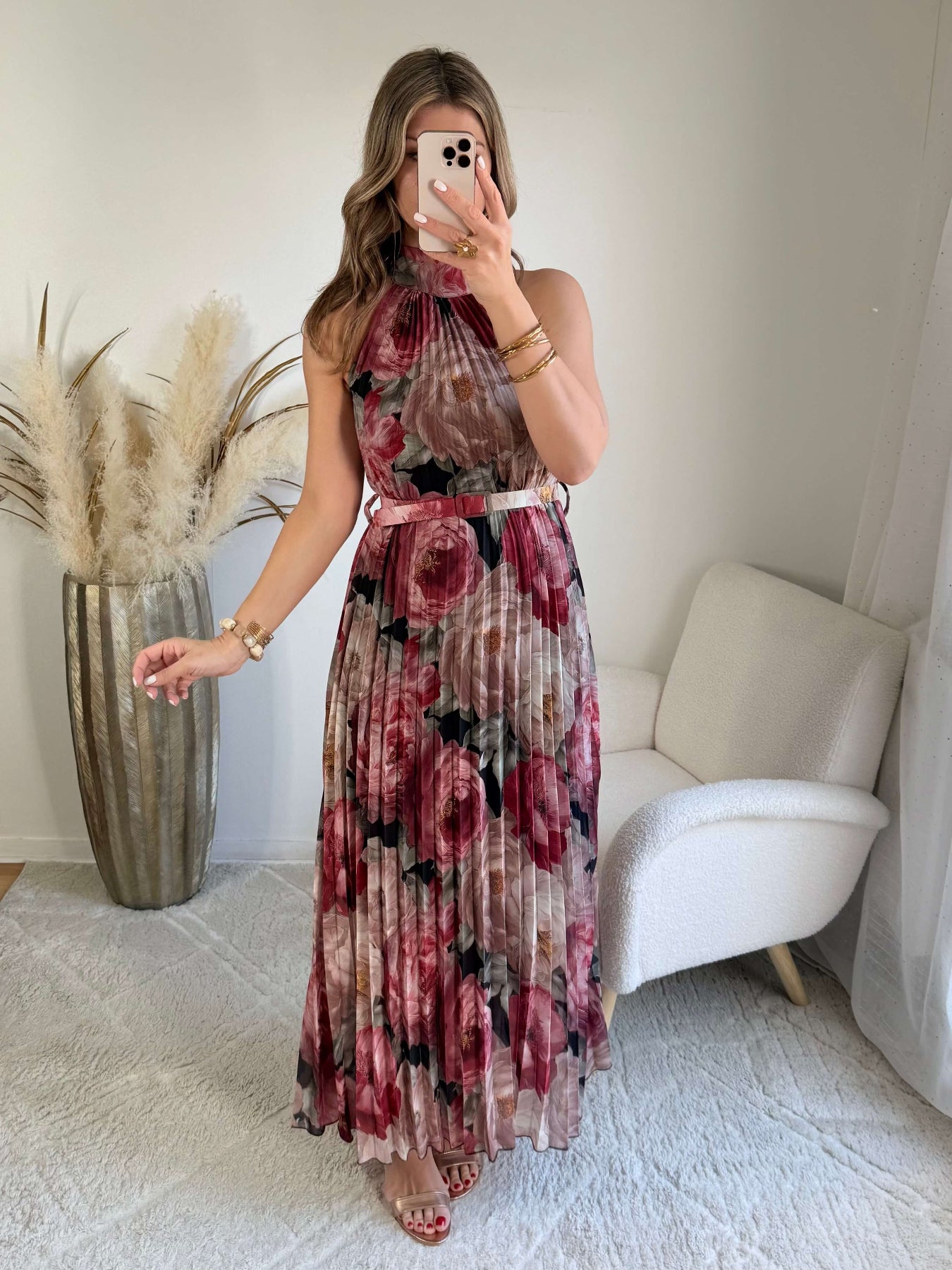 Robe longue plissée bordeaux imprimé floral col halter taille unique robe élégante fluide femme cérémonie été