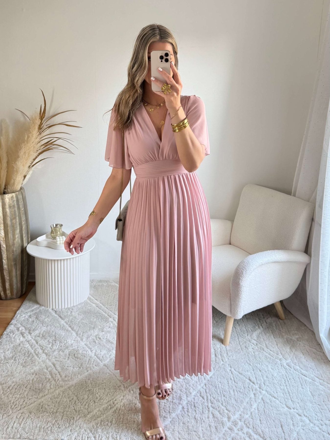 Robe longue plissée rose poudrée - Ana