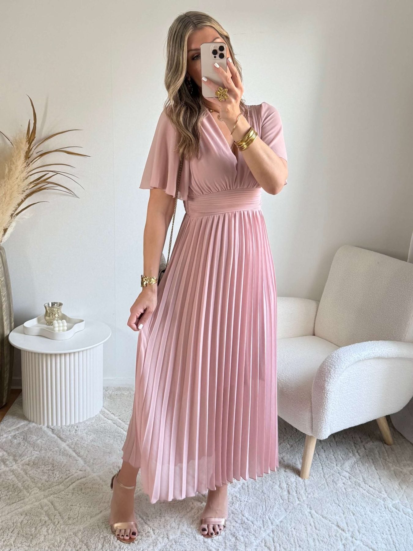 Robe longue plissée rose poudrée - Ana