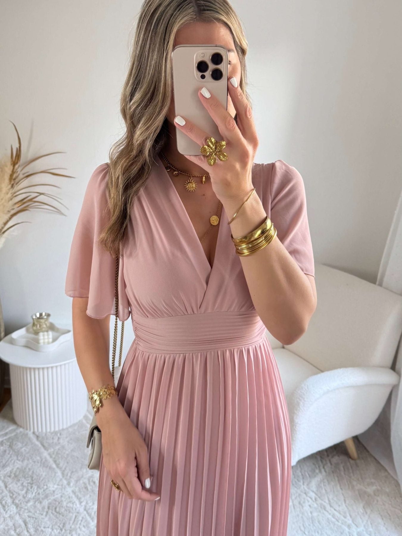 Robe longue plissée rose poudrée - Ana