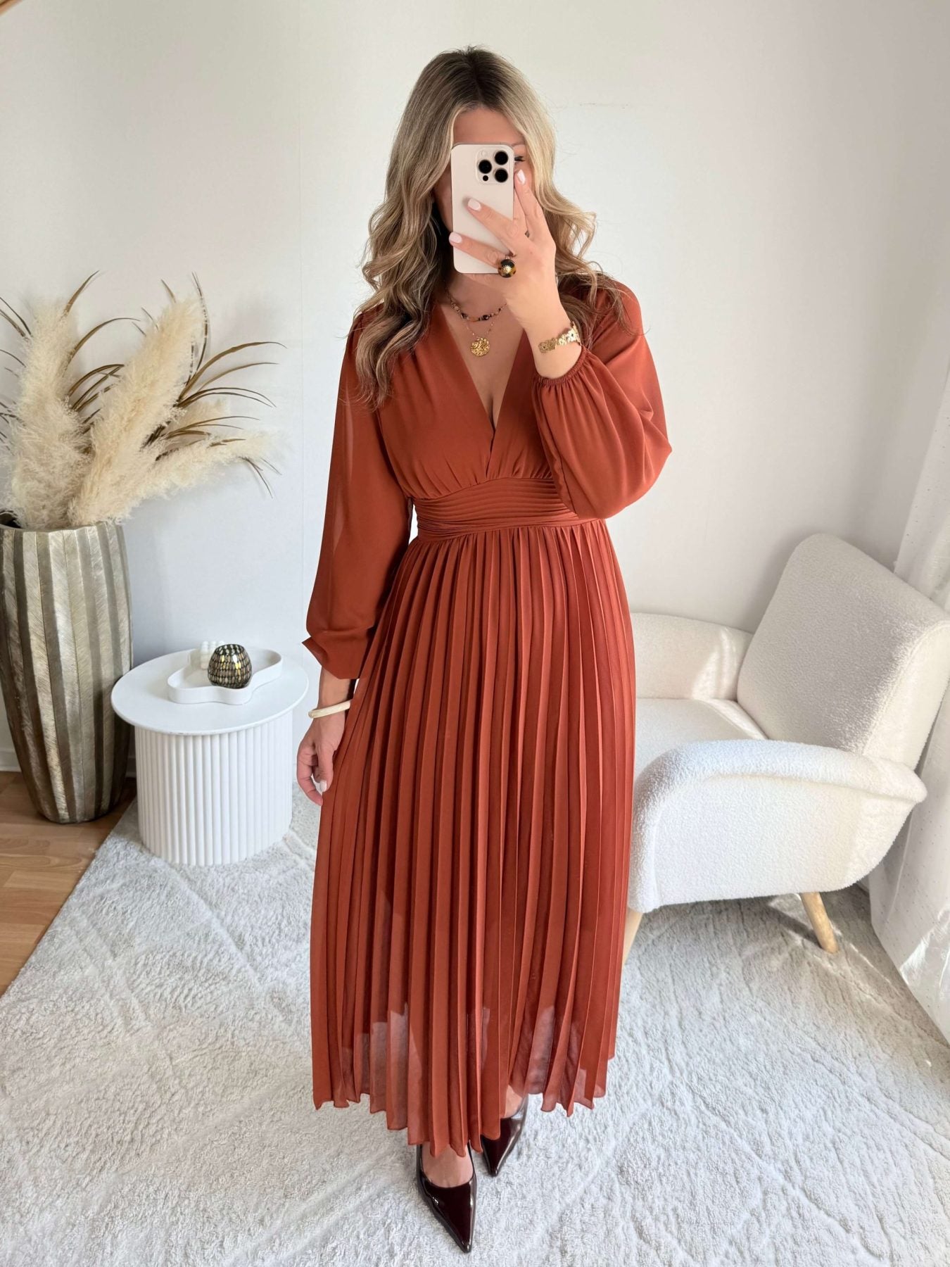 Robe longue plissée terracotta - Diane