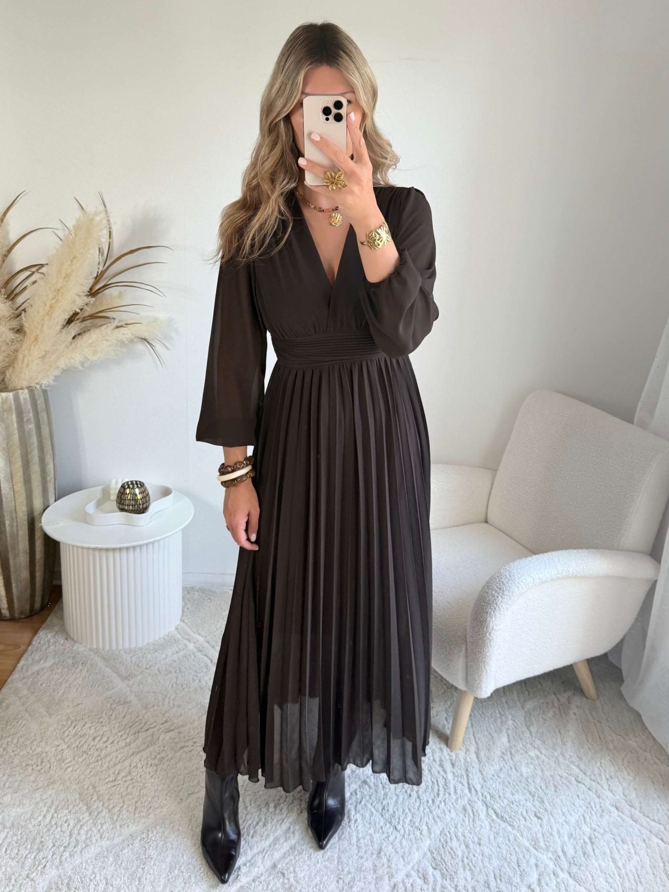 Robe longue plissée marron foncé - Diane