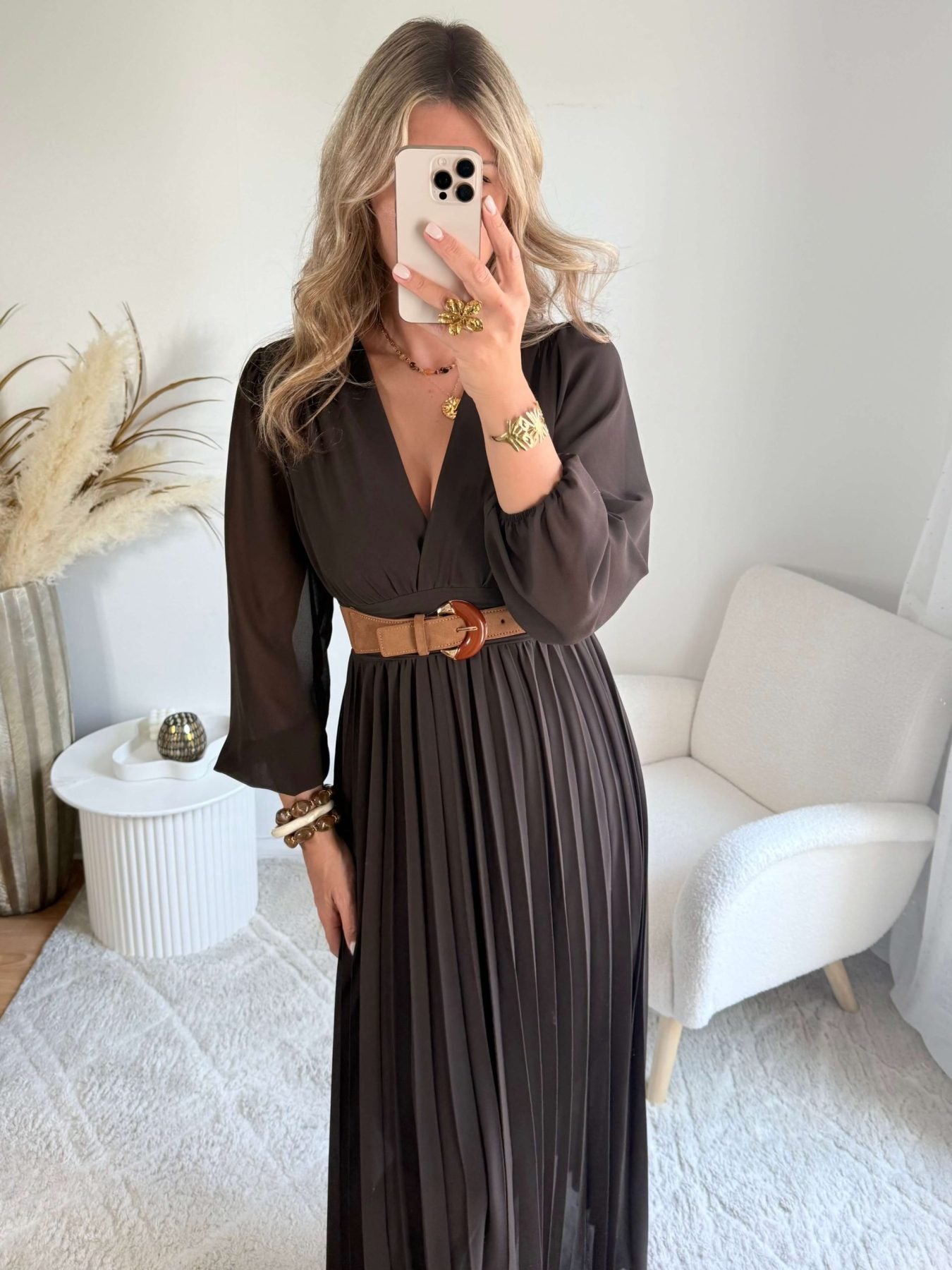 Robe longue plissée marron foncé - Diane