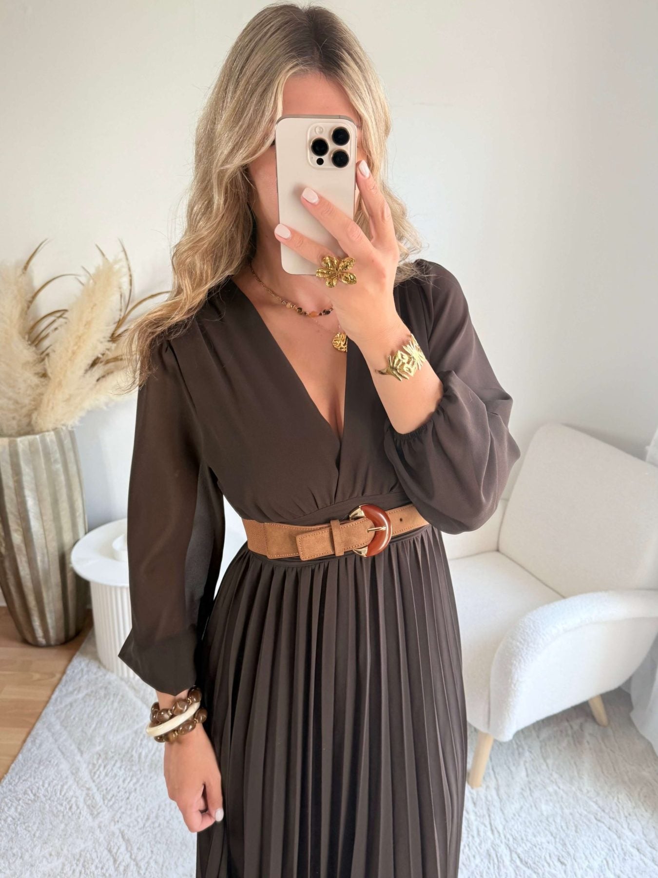 Robe longue plissée marron foncé - Diane