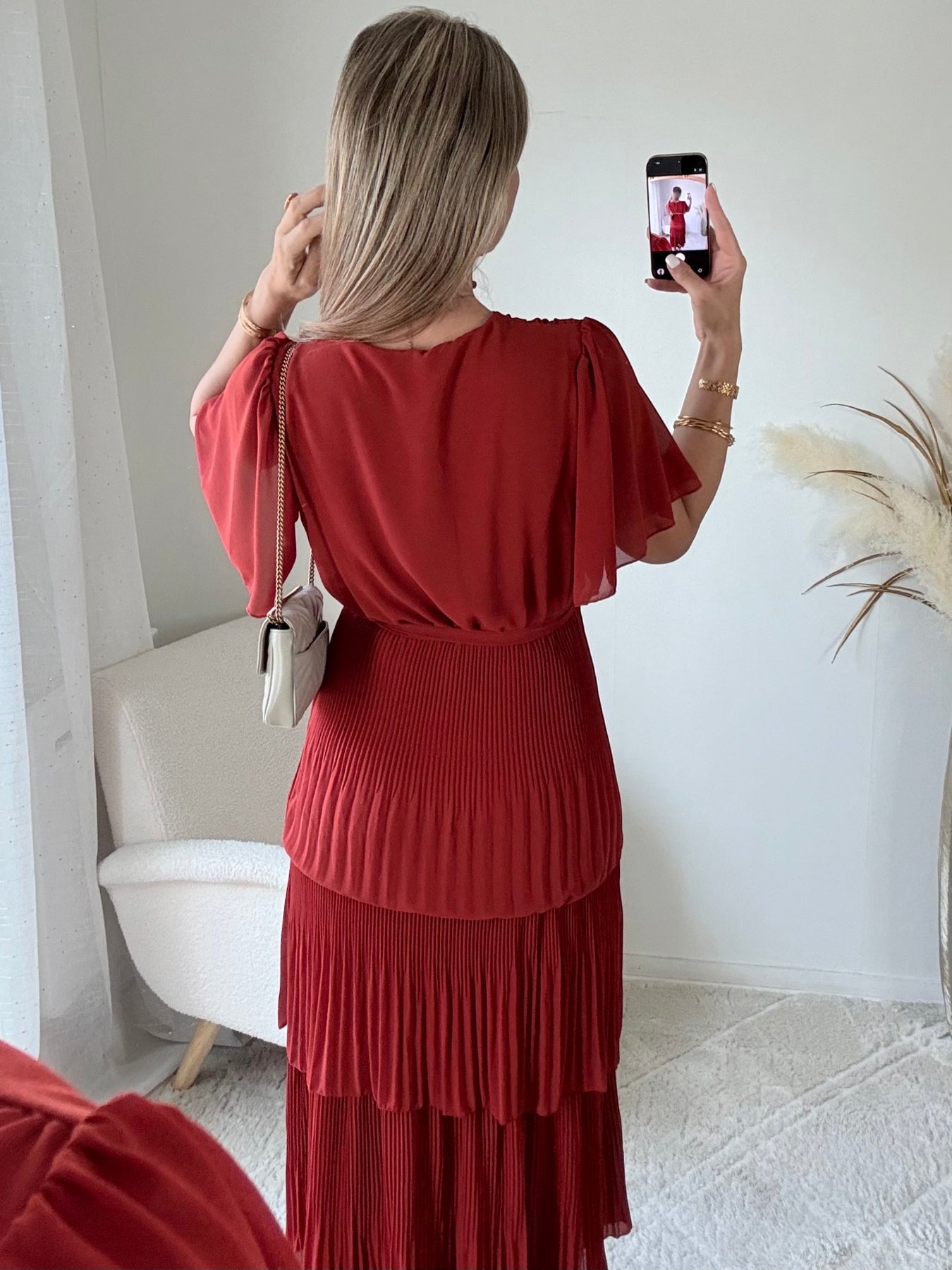 Robe terracotta plissée Camélia coupe portefeuille manches courtes élégante fluide Easy Dressing