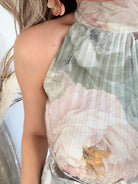 Robe longue plissée verte imprimé floral col halter taille unique robe élégante fluide femme cérémonie été