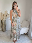 Robe longue plissée verte imprimé floral col halter taille unique robe élégante fluide femme cérémonie été