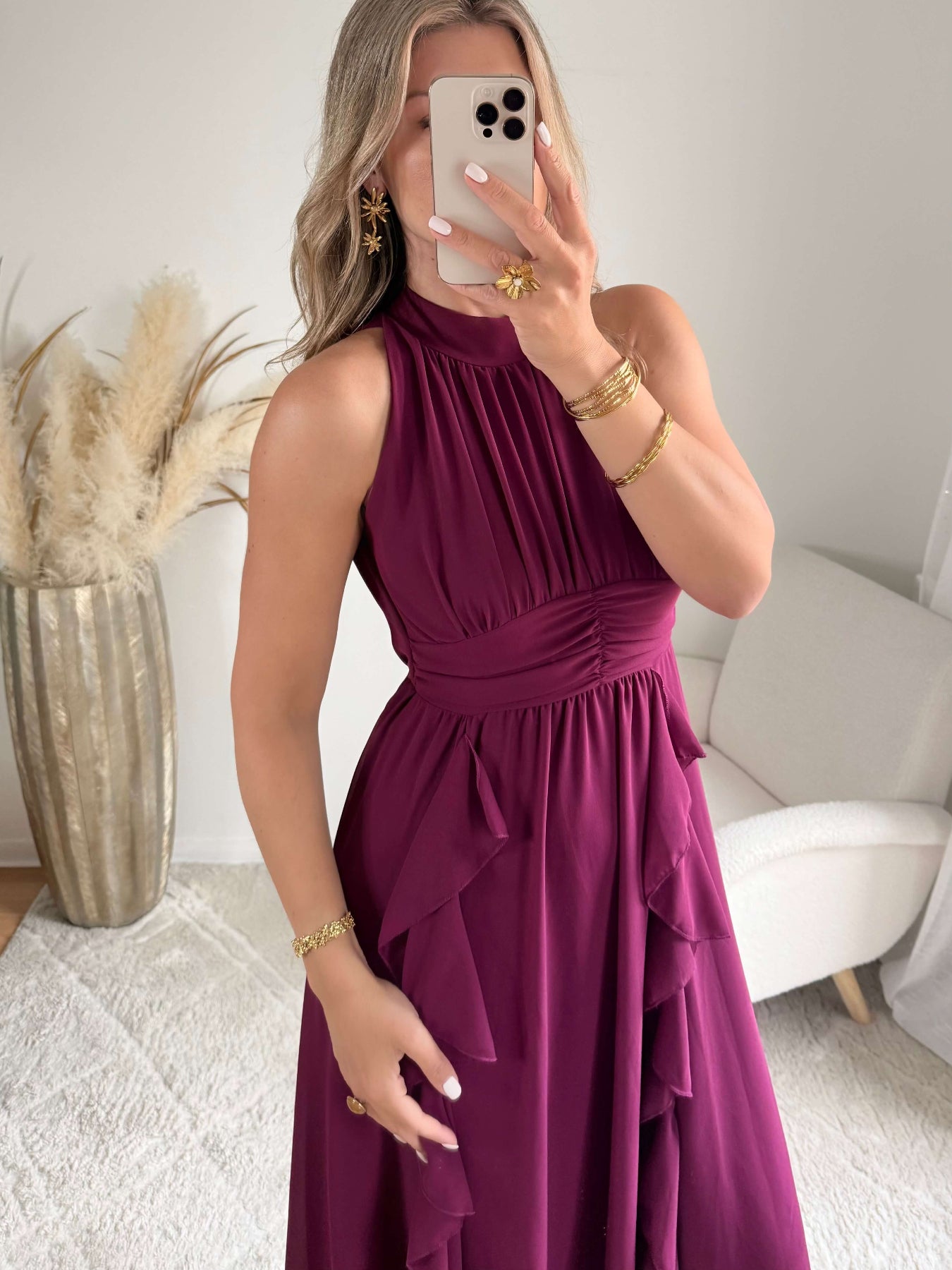 robe midi prune fluide col montant Ariana femme élégante Easy Dressing