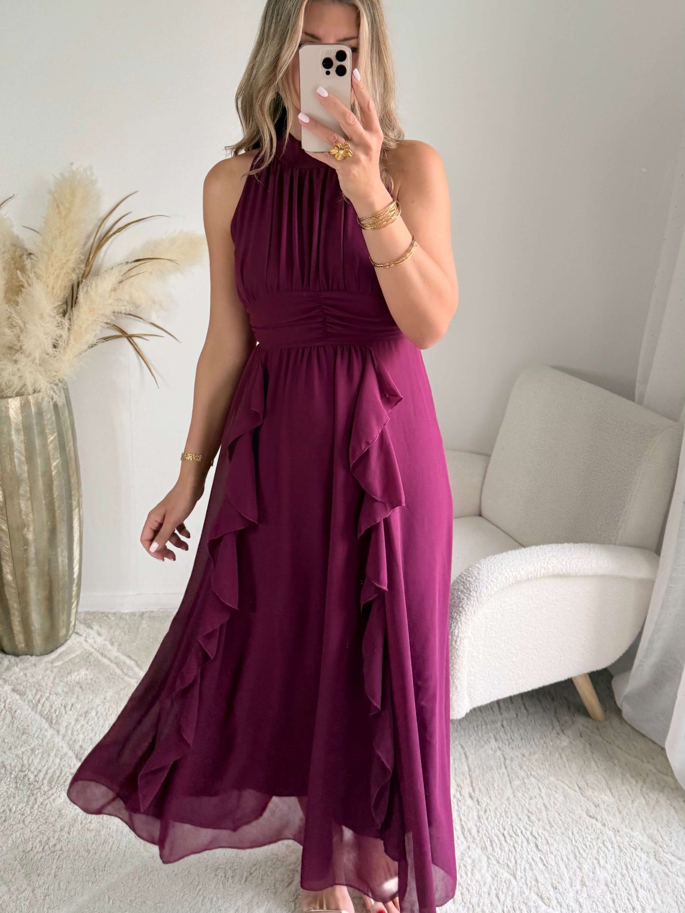 robe midi prune fluide col montant Ariana femme élégante Easy Dressing