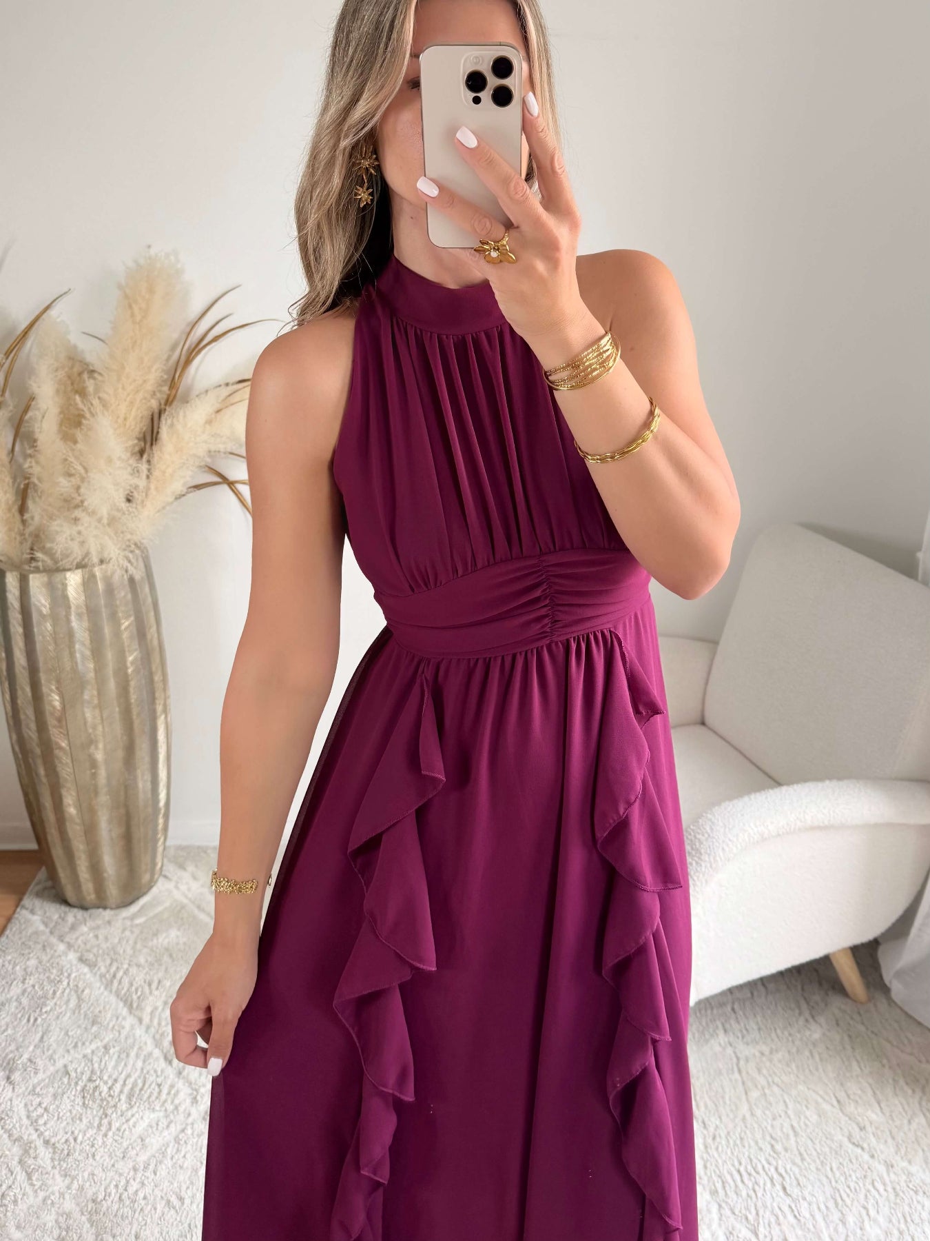 robe midi prune fluide col montant Ariana femme élégante Easy Dressing