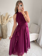 robe midi prune fluide col montant Ariana femme élégante Easy Dressing