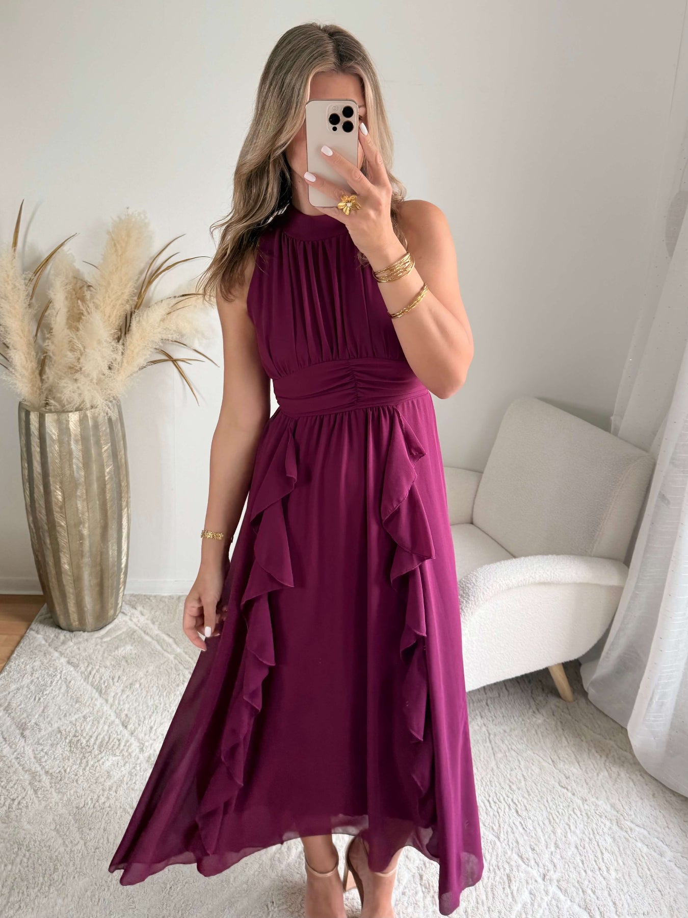 robe midi prune fluide col montant Ariana femme élégante Easy Dressing