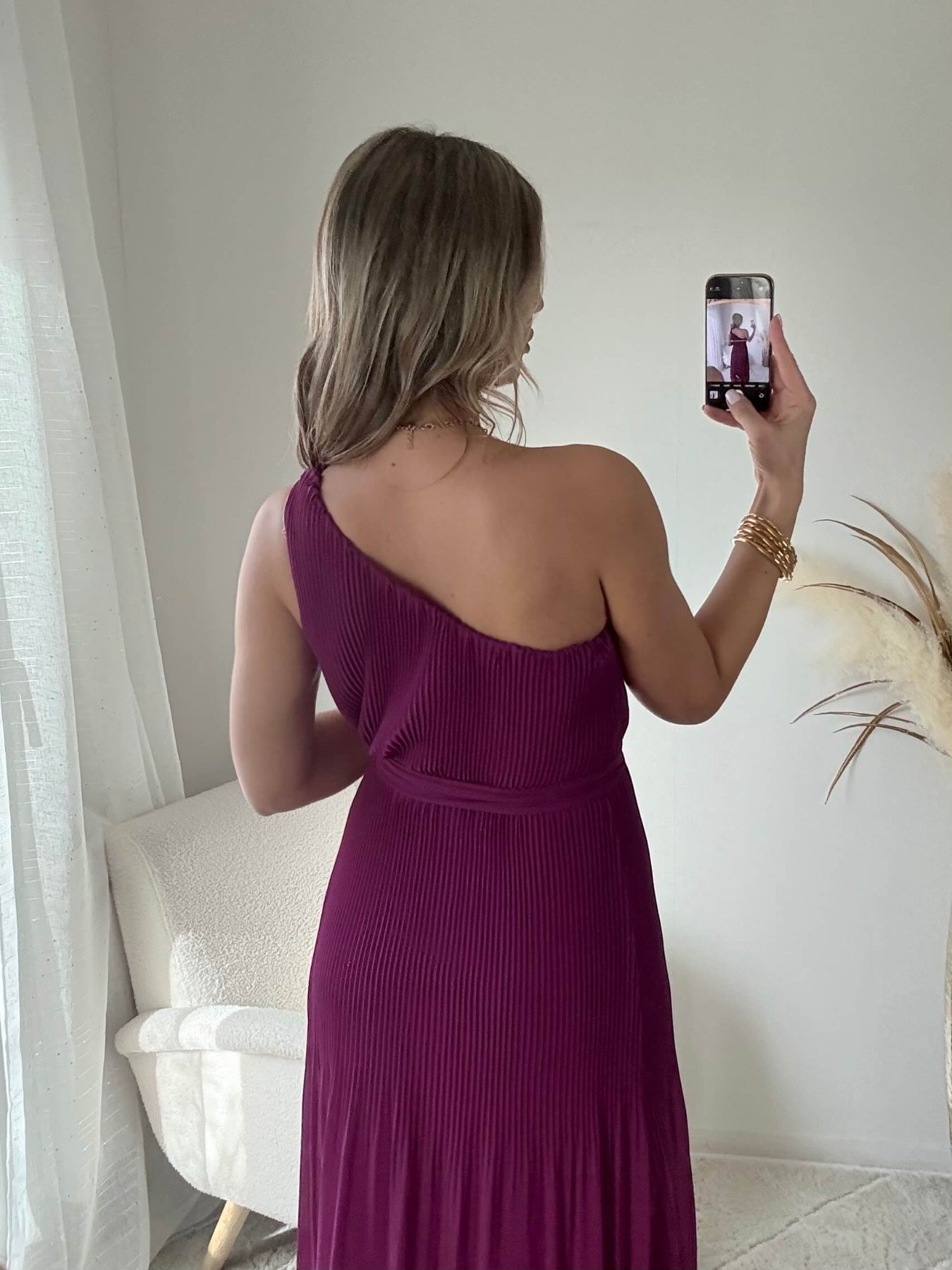 Robe longue plissée prune asymétrique une manche robe fluide élégante femme taille unique cérémonie soirée