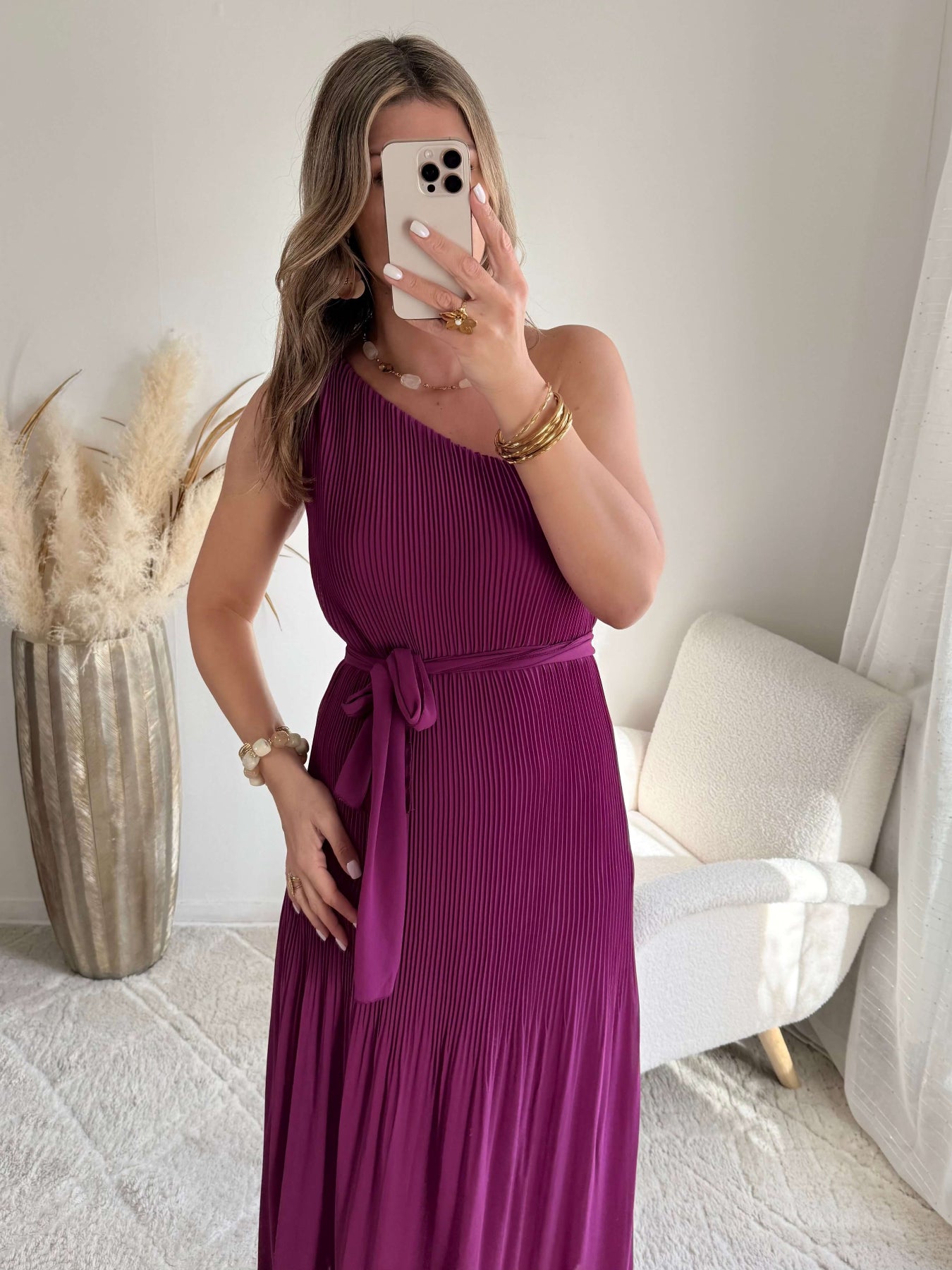 Robe longue plissée prune asymétrique une manche robe fluide élégante femme taille unique cérémonie soirée