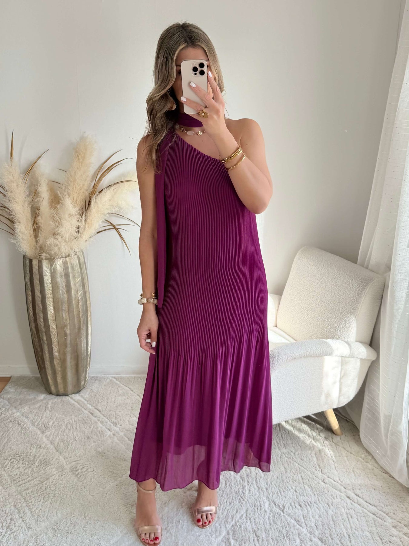 Robe longue plissée prune asymétrique une manche robe fluide élégante femme taille unique cérémonie soirée