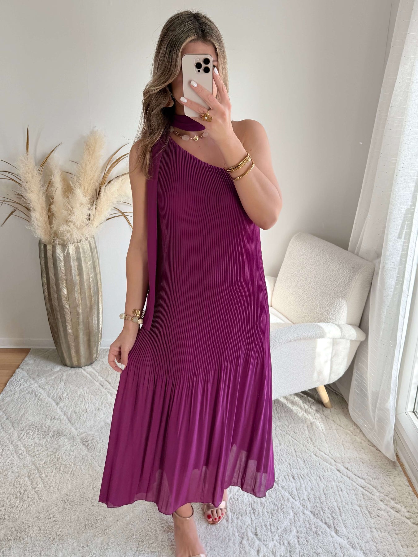 Robe longue plissée prune asymétrique une manche robe fluide élégante femme taille unique cérémonie soirée