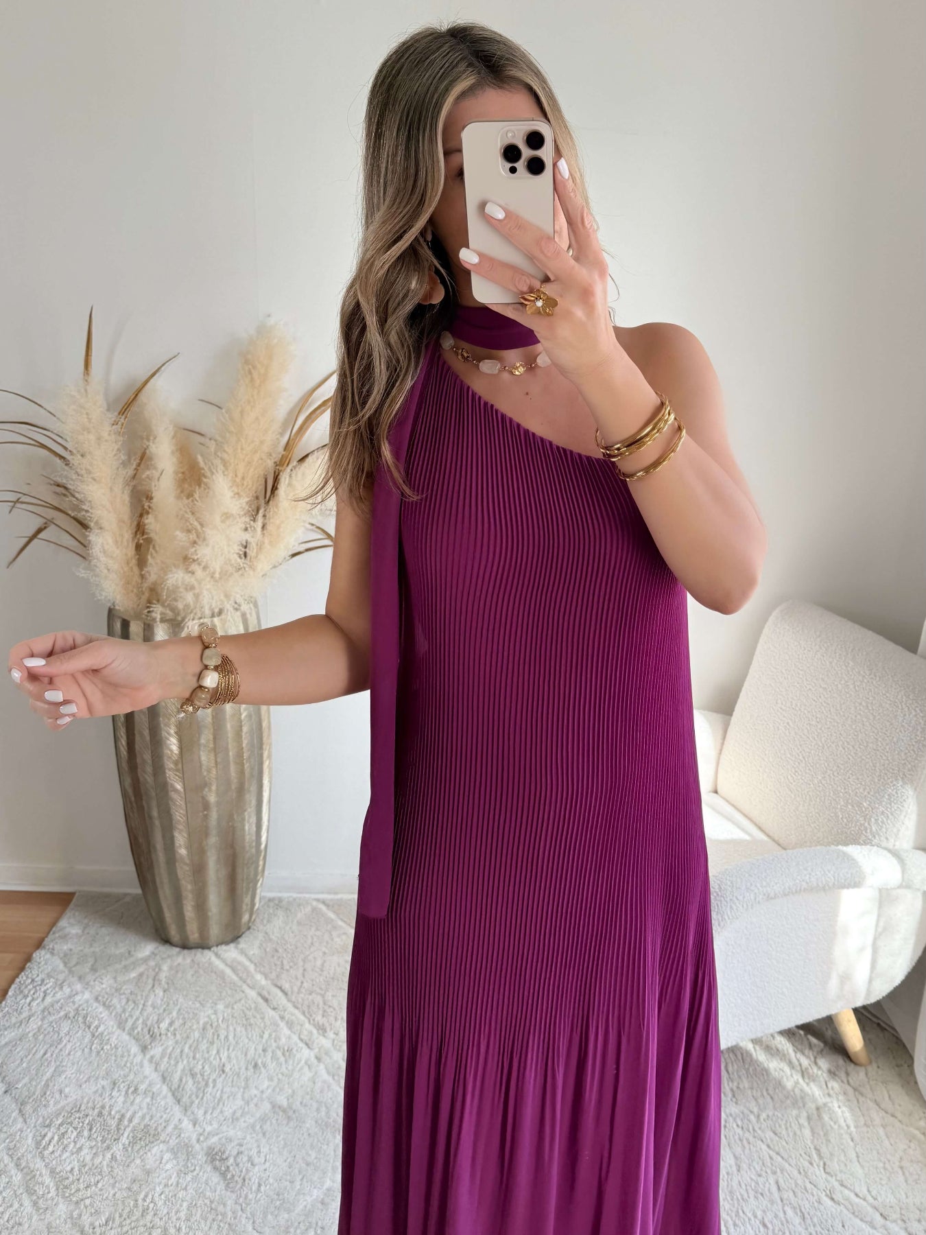 Robe longue plissée prune asymétrique une manche robe fluide élégante femme taille unique cérémonie soirée