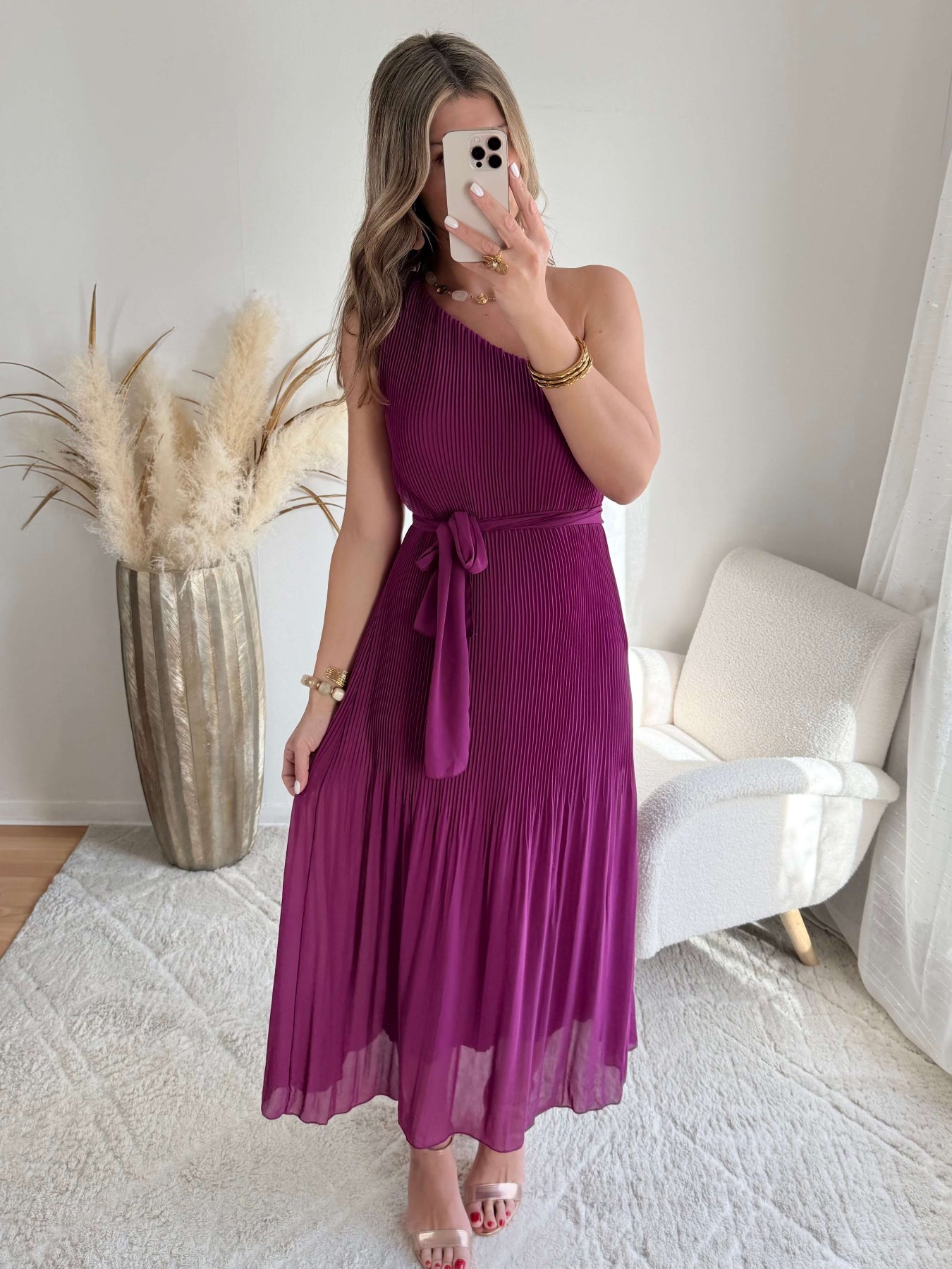 Robe longue plissée prune asymétrique une manche robe fluide élégante femme taille unique cérémonie soirée