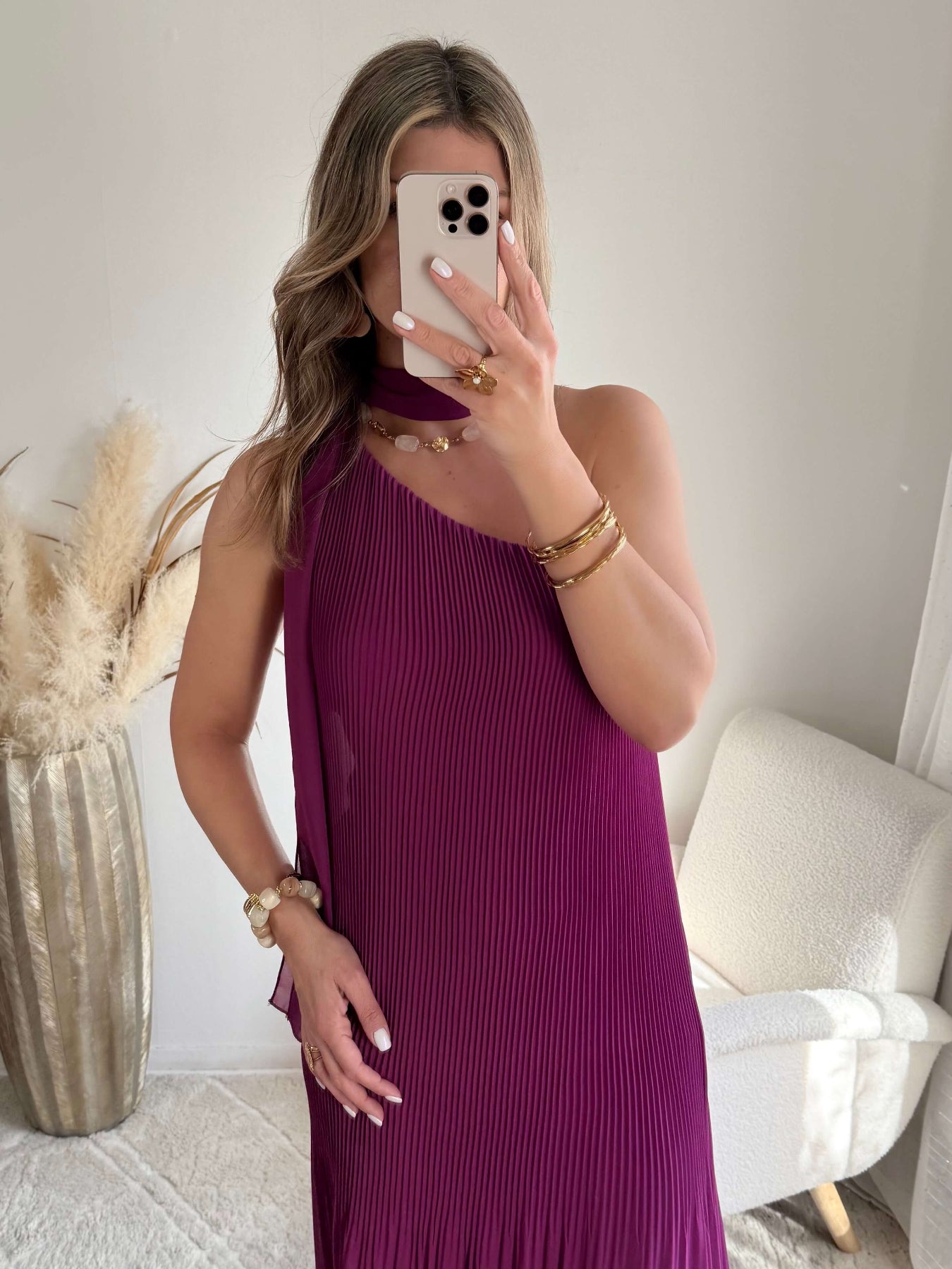 Robe longue plissée prune asymétrique une manche robe fluide élégante femme taille unique cérémonie soirée