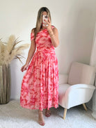 Robe longue rose imprimée asymétrique Valencia avec jupe fluide plissée