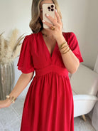 Robe longue fluide rouge manches courtes Sandra - Easy Dressing