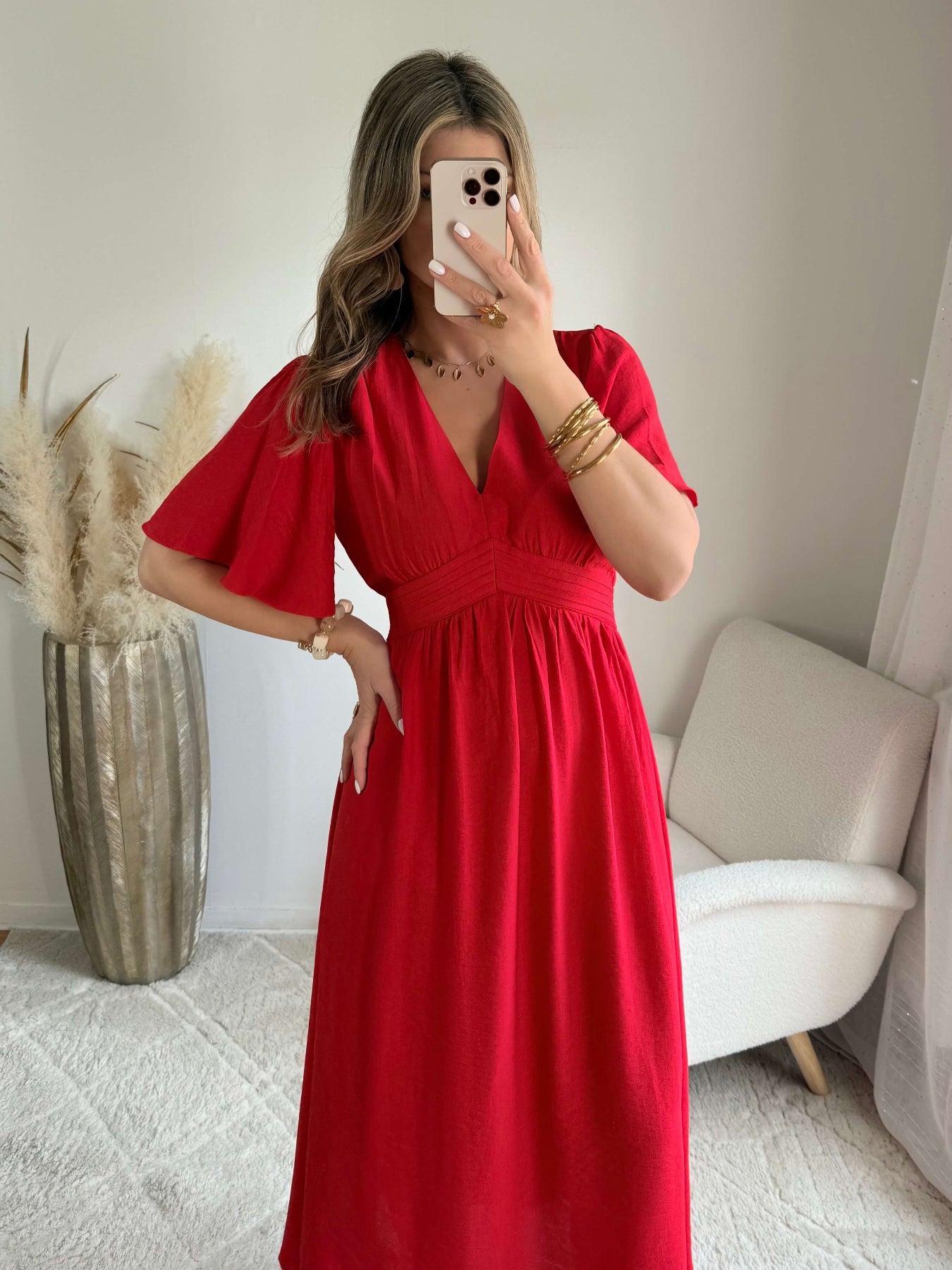 Robe longue fluide rouge manches courtes Sandra - Easy Dressing
