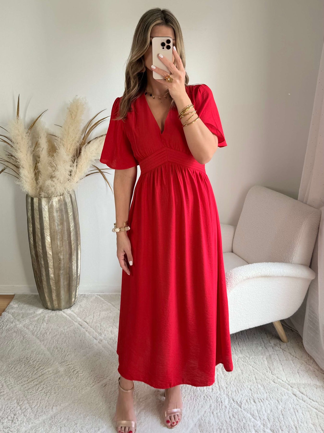 Robe longue fluide rouge manches courtes Sandra - Easy Dressing