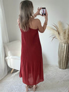 Robe longue plissée terracotta une épaule robe fluide élégante femme cérémonie soirée chic