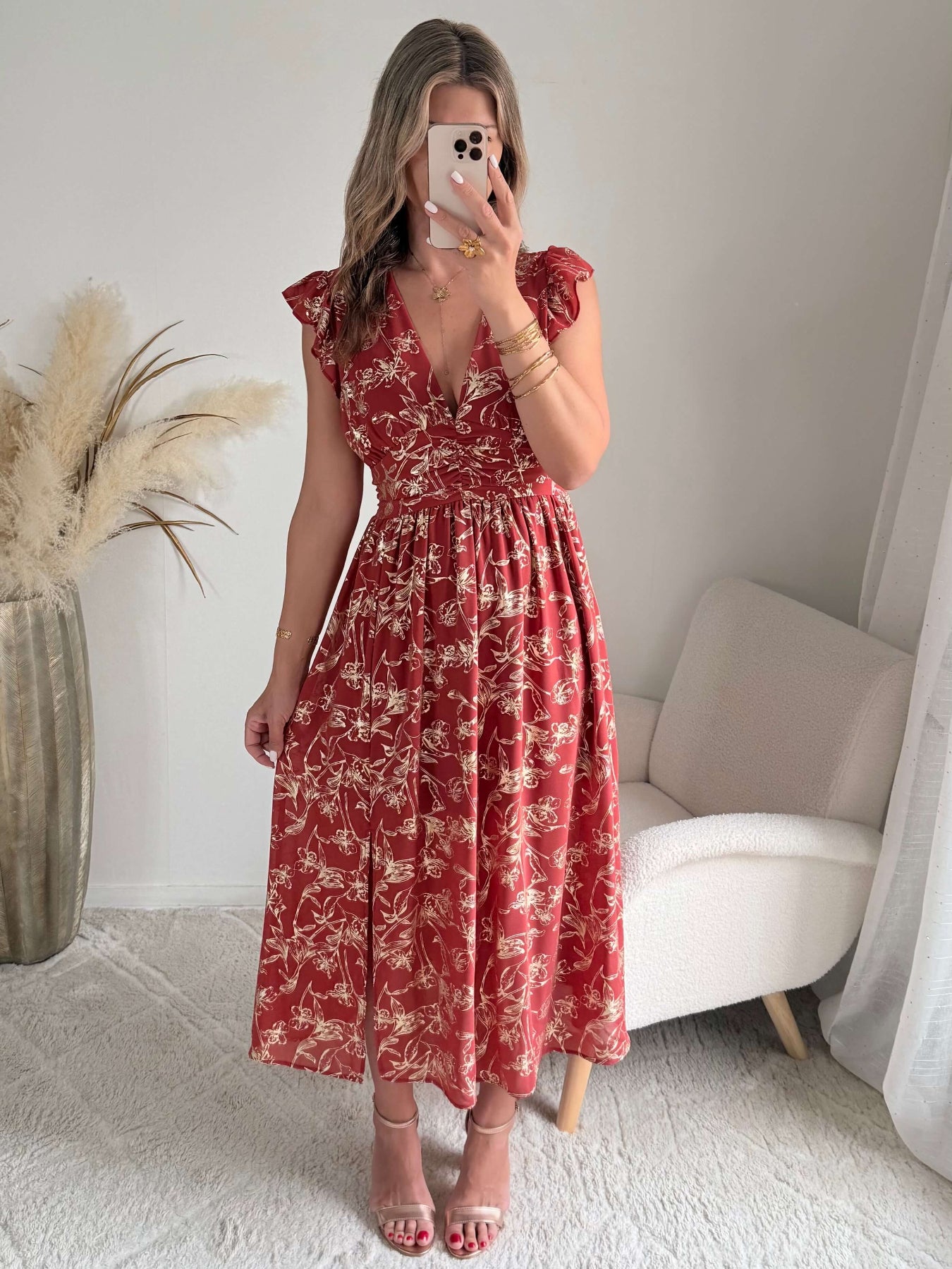 Robe terracotta dorée Alice fluide fendue femme élégante Easy Dressing