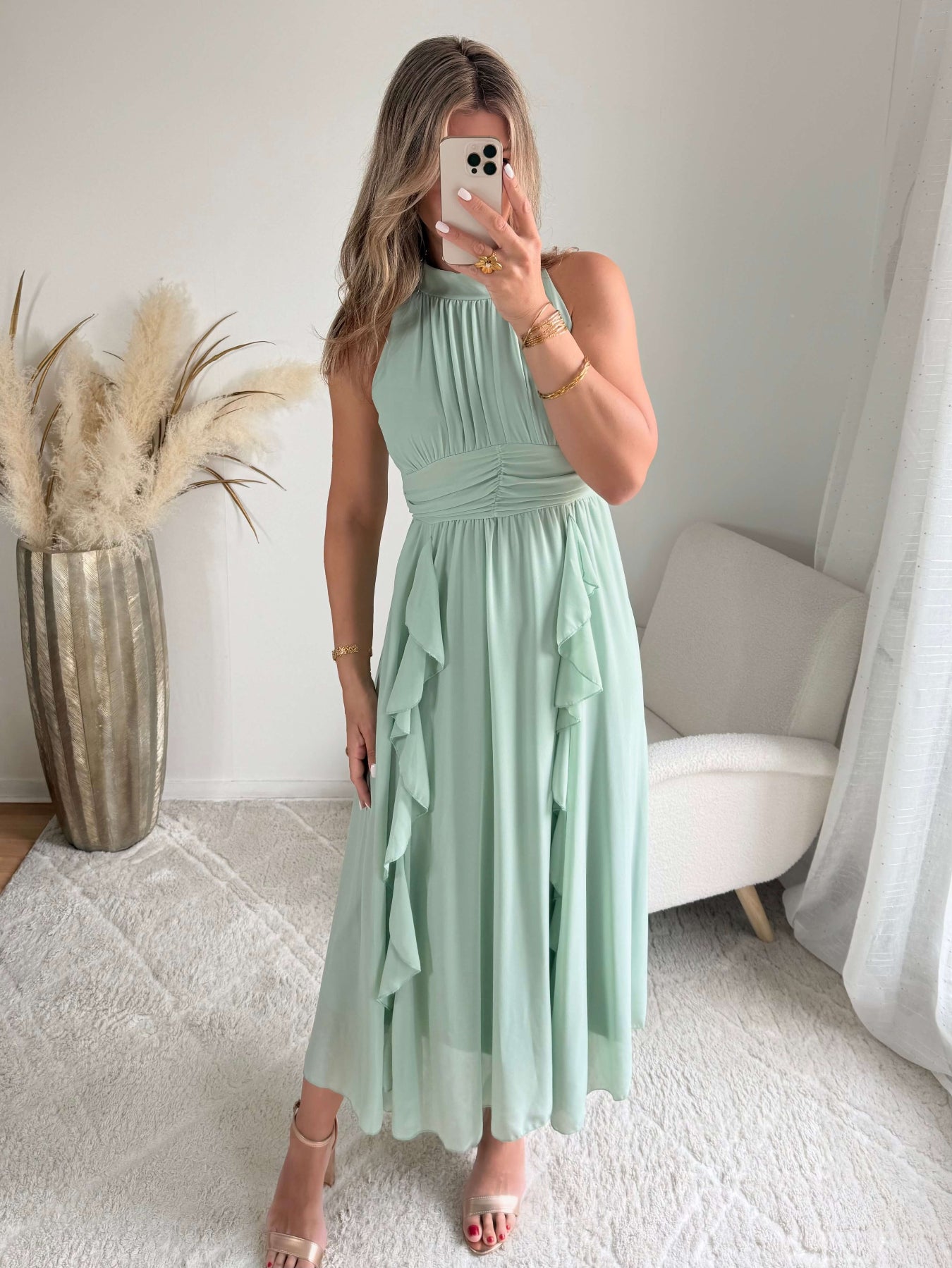 robe longue vert d'eau fluide col montant Ariana femme élégante Easy Dressing