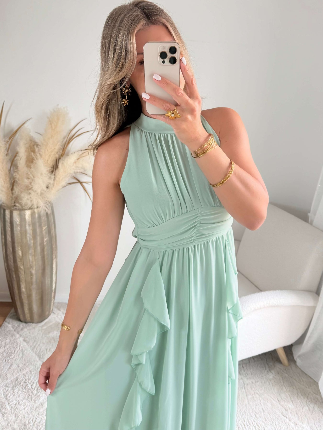 robe longue vert d'eau fluide col montant Ariana femme élégante Easy Dressing